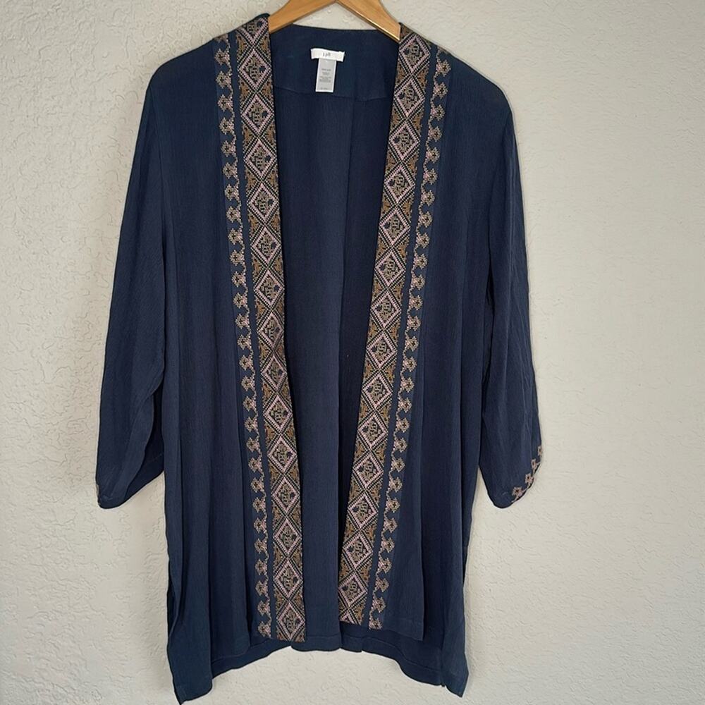 J Jill Embroidered Blue Kimono Open Boho Coverup Aztec Lagenlook Resortwear - Picture 2 of 7